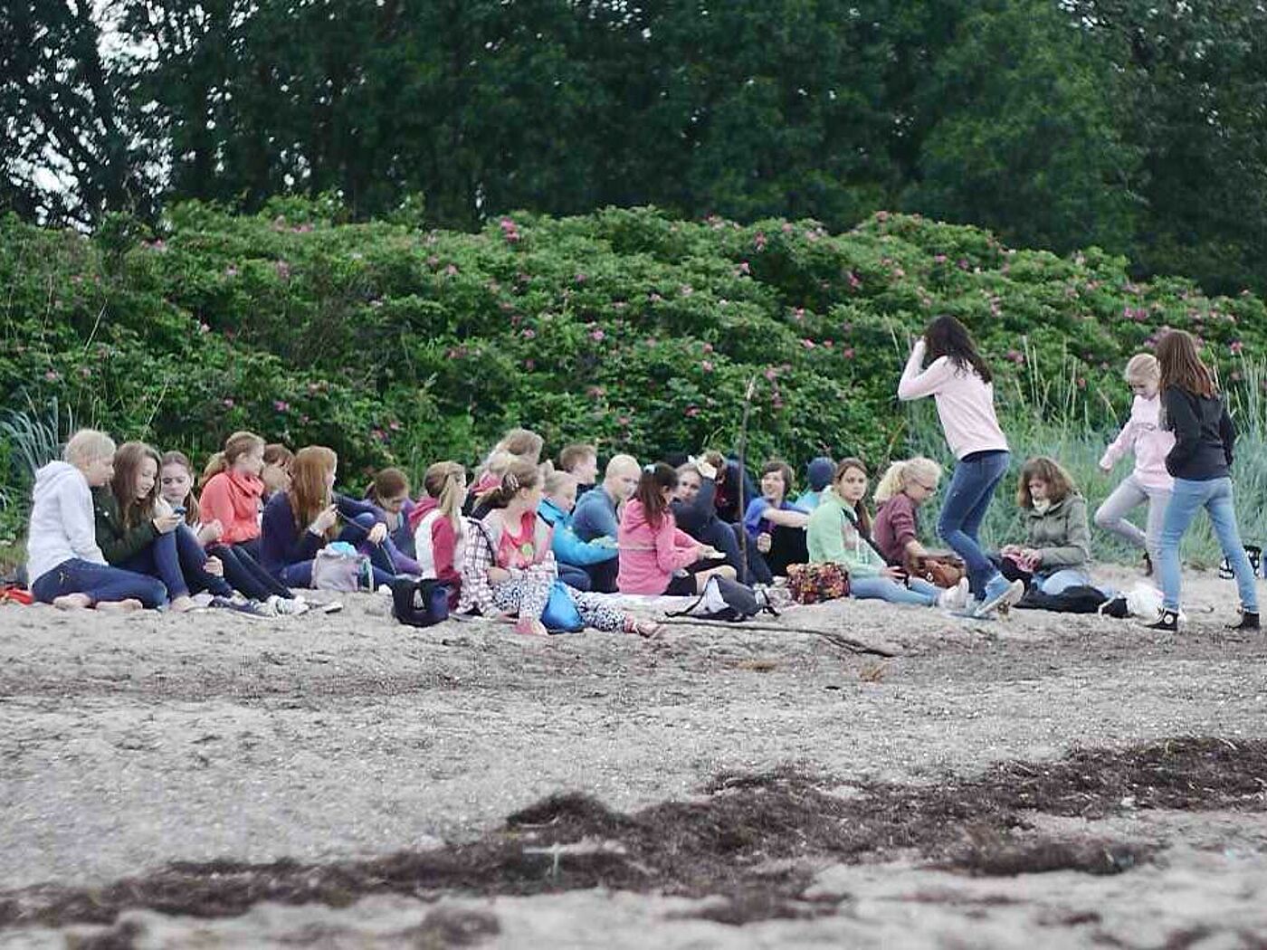 Eine Schulklasse am Strand.